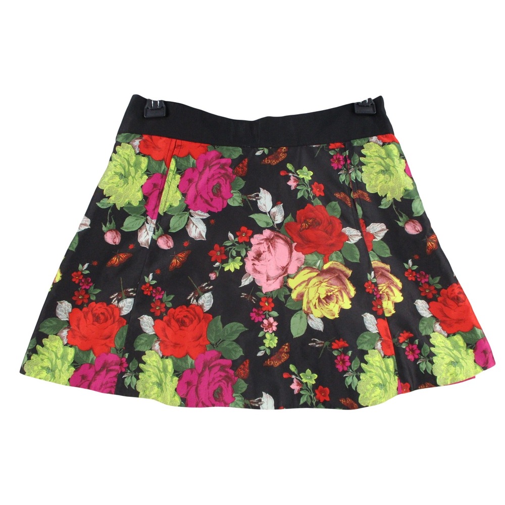 Baker by Ted Baker Floral Mini Skirt Black Pink Rose Butterfly Print Size 14